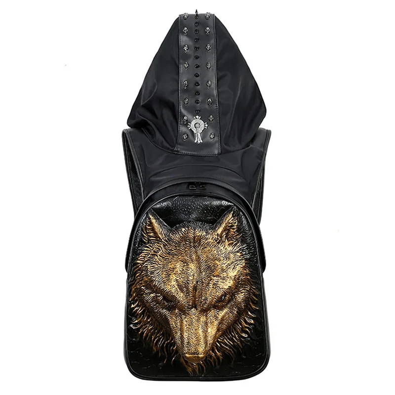 Creative Style PU Backpack With Headgear 3D Ferocious Wolf Travel Bag Computer Package Gold Halloween Costume Summer Bag 2019 Creative Style PU Backpack With Headgear 3D Ferocious Wolf Travel Bag Computer Package Gold Halloween Costume Summer Bag 2019
