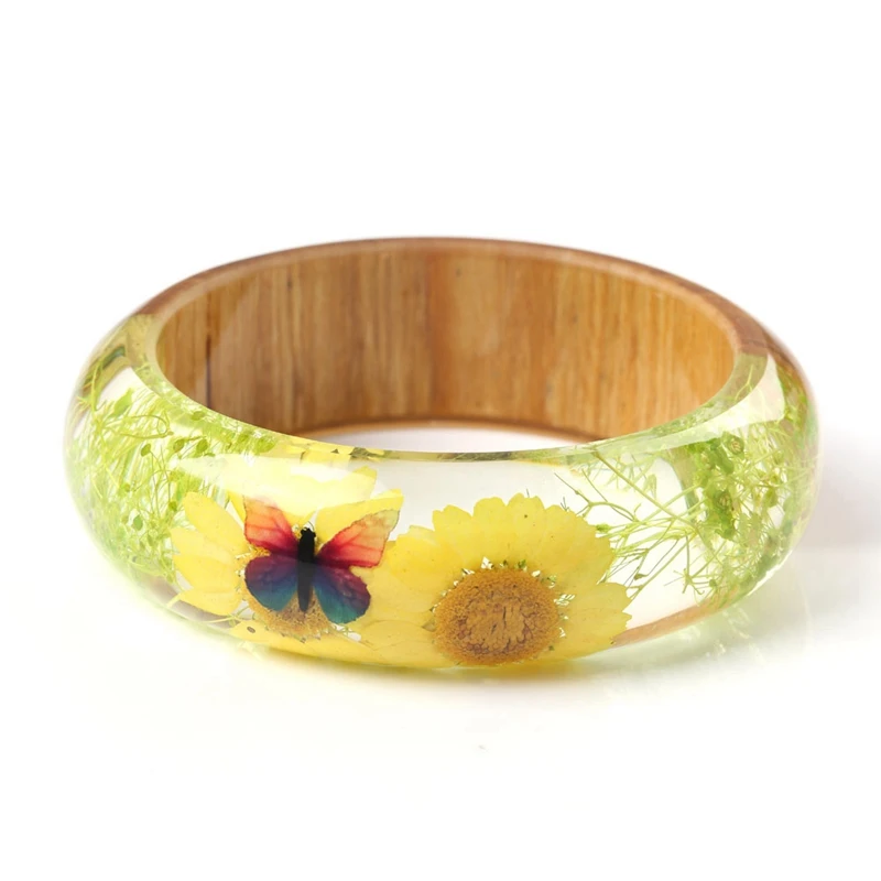 

Flowers Bangles Bracelets for Women Handmade Wood and Resin Transparent Butterfly Bangle Fashion Jewelry Bijoux Femme TN-0208