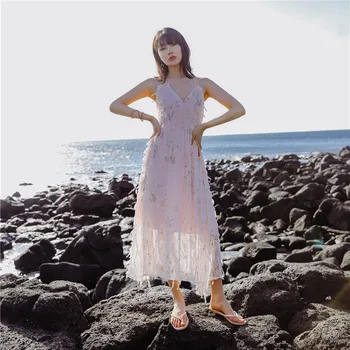 

Beach dress for women straps v neck embroidery sexy dress with tassels girls dress