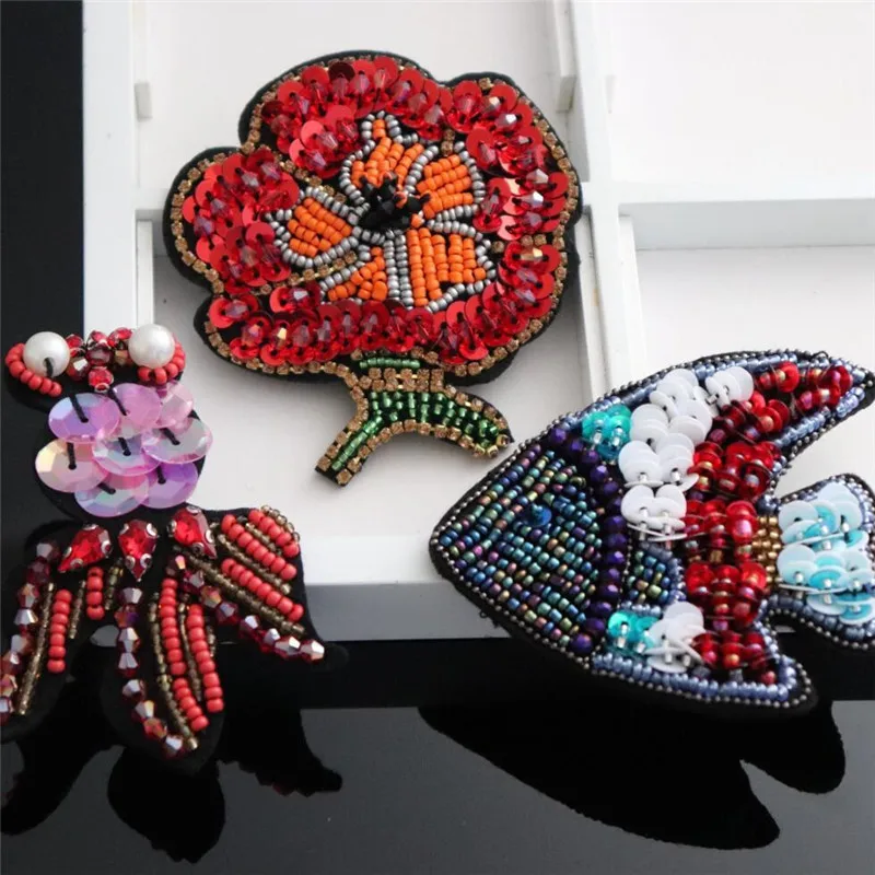 

1 Piece Fashion Beads Flower Fish Patches Sew On Sequins Patches for clothes shoes wedding decoration patch DIY Applique