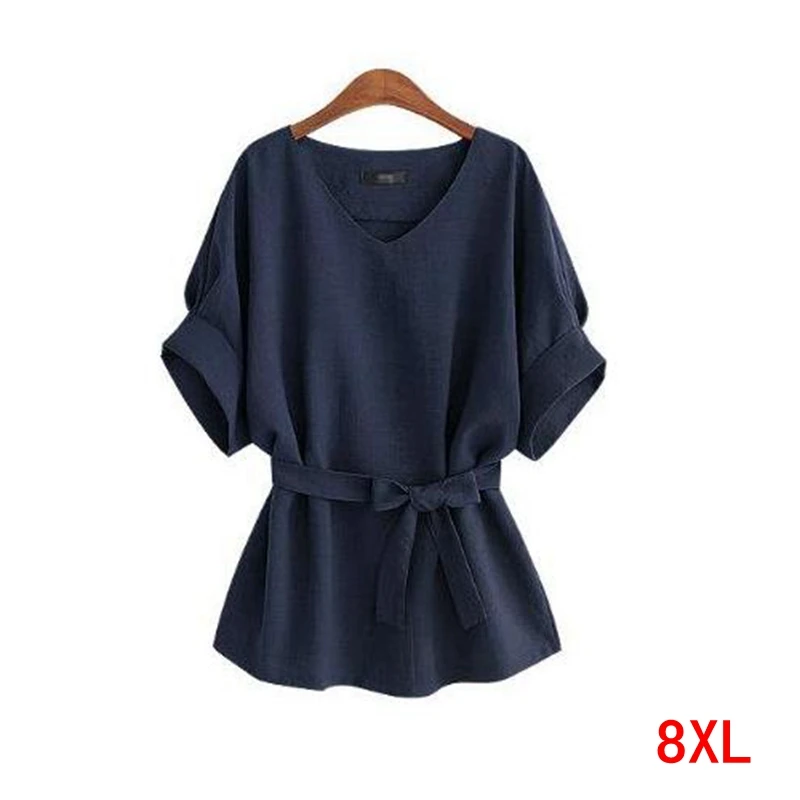 

Large size women's T-shirt cotton and linen plus size 5XL 6XL 7XL 8XL summer V-neck short-sleeved loose belt blue T-shirt top