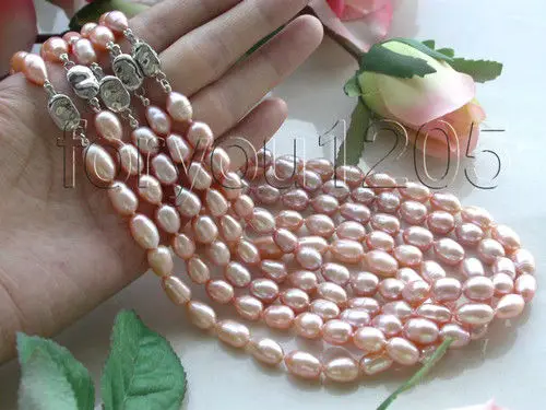 

FREE shipping>>>>Wholesale 5pieces Natural 13mm Pink Rice Pearl Necklace new