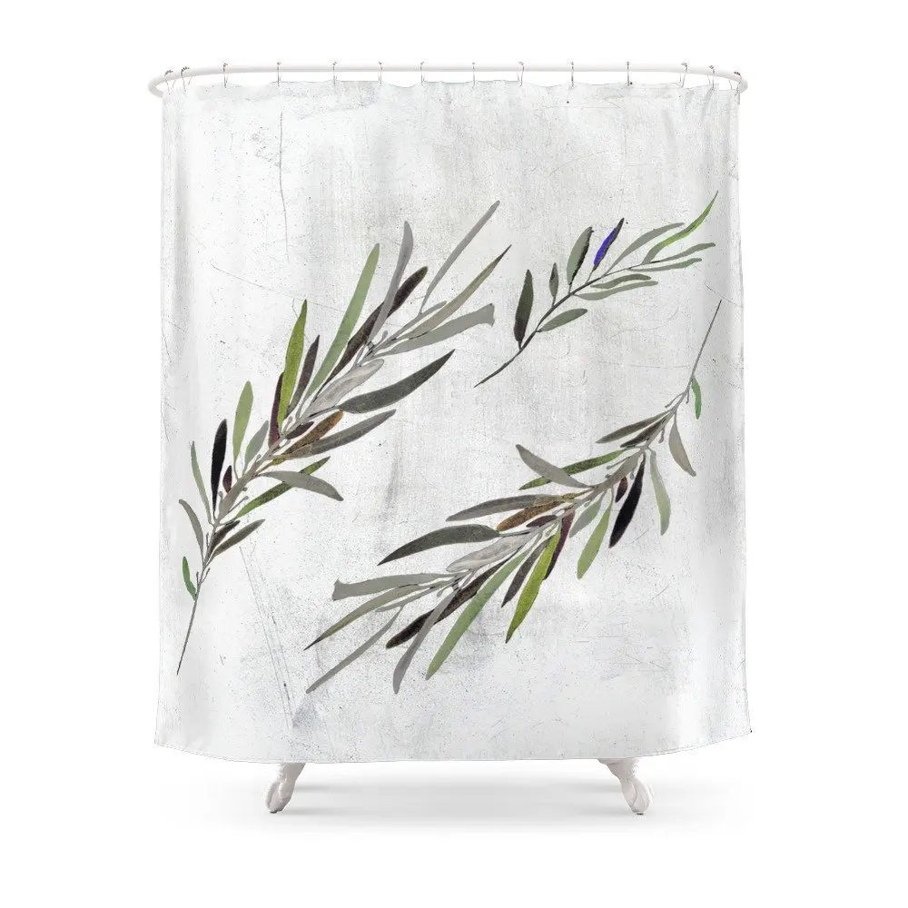 

Eucalyptus Leaves White Shower Curtain Polyester Fabric Bathroom Home Decoration Waterproof Print Shower Curtains with Hooks