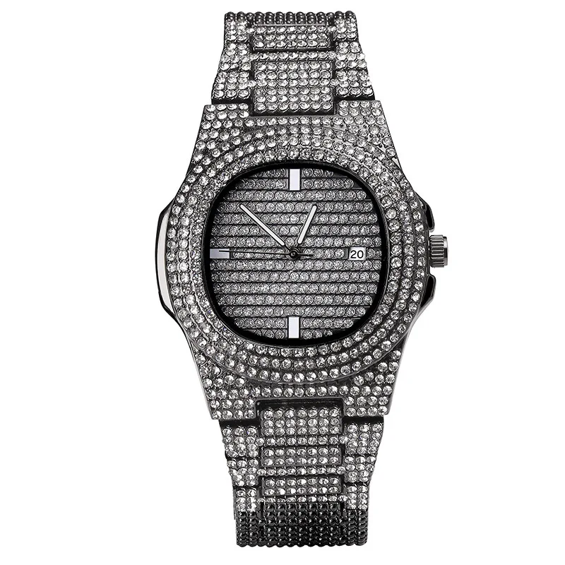 Iced out полный Циркон кварцевые часы для мужчин и женщин хип-хоп часы подарок - Цвет: Черный