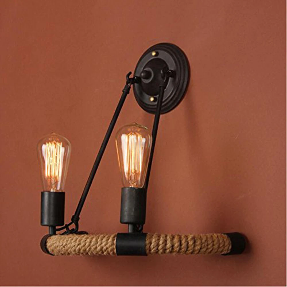 

Vintage Hemp Rope Metal 2 Heads Light Black Wall Lamp Sconce for Study and Bar Counter