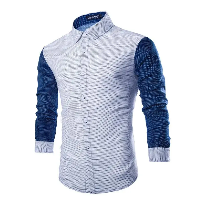 Для мужчин рубашка модный бренд Для мужчин манжеты лоскутное изделие в горошек с длинными рукавами рубашки мужской Camisa masculina Повседневное