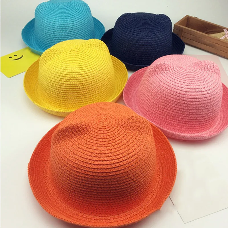 

Fashion Girls Boys Straw Hats Summer Baby Sun Hat Lovely Children Solid Floppy Cat Ears Decor Cap FDC99