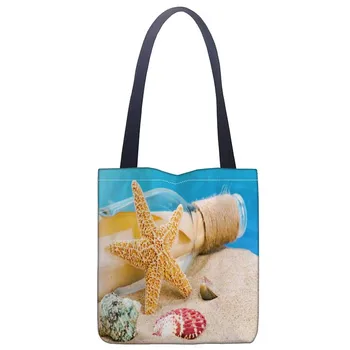 

Beach Shells Tote Bag Foldable Shopping Bag Reusable Eco Large Unisex Canvas Fabric Shoulder Bag Tote Grocery Cloth Bags Pouch