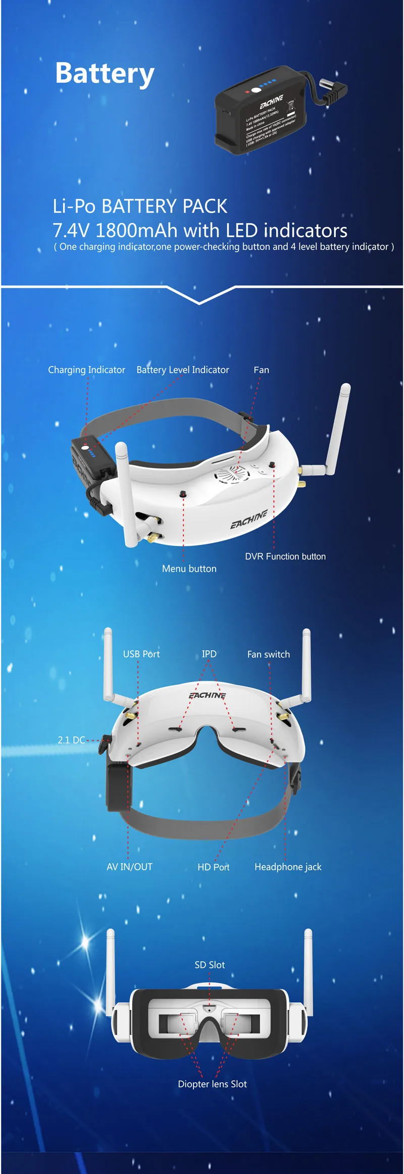 Eachine EV200D 1280*720 5,8G 72CH истинное разнообразие FPV очки HD порт в 2D/3D встроенный DVR Черный Белый для модели радиоуправляемого дрона