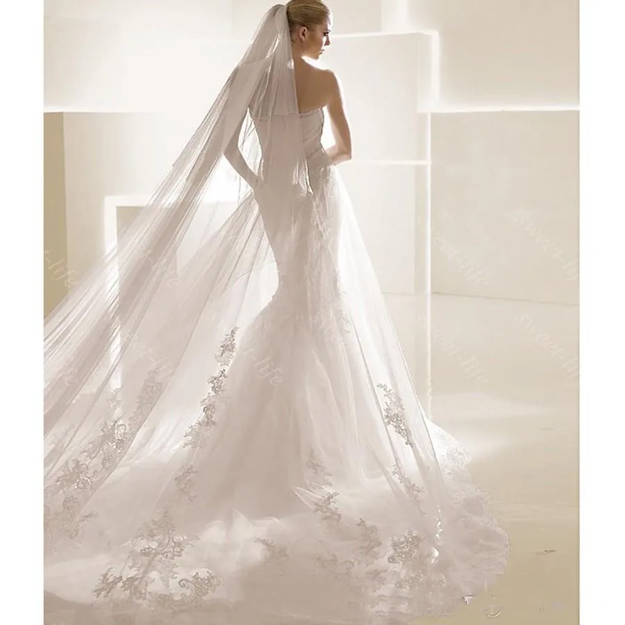 White Ivory Bride Wedding Dress Veils Two Layers Tulle Chapel