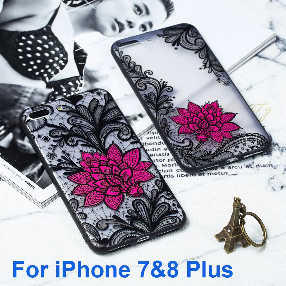 JONSNOW Floral Case for Apple iPhone 7 6 S 6S 8 Plus X Emboss Rose Lace Fashion Phone Protective Back Cover for iPhone 5 5S SE-6