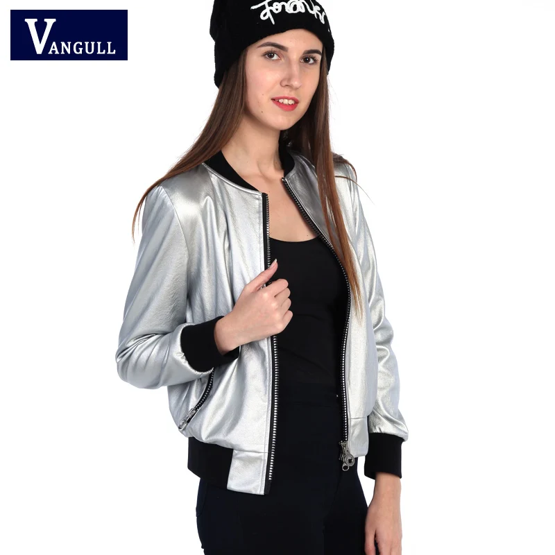 Vangull искусственная кожа Женская куртка металлическое серебряное короткое пальто модные тонкие женские куртки пальто осенняя зимняя одежда верхняя одежда