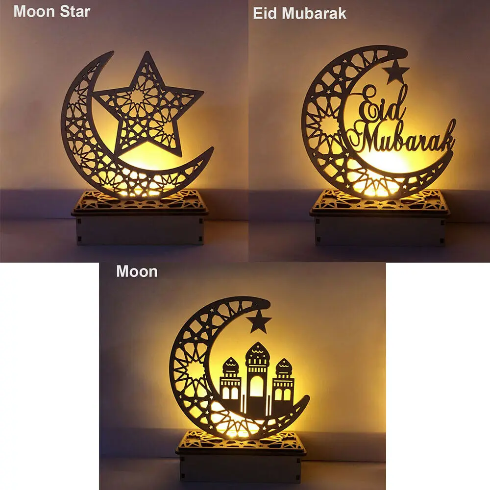 Светодиодный деревянный Eid Mubarak налет Луна Звезда Рамадан орнамент мусульманский декор кулон вечерние Декор деревянный художественный самодельный