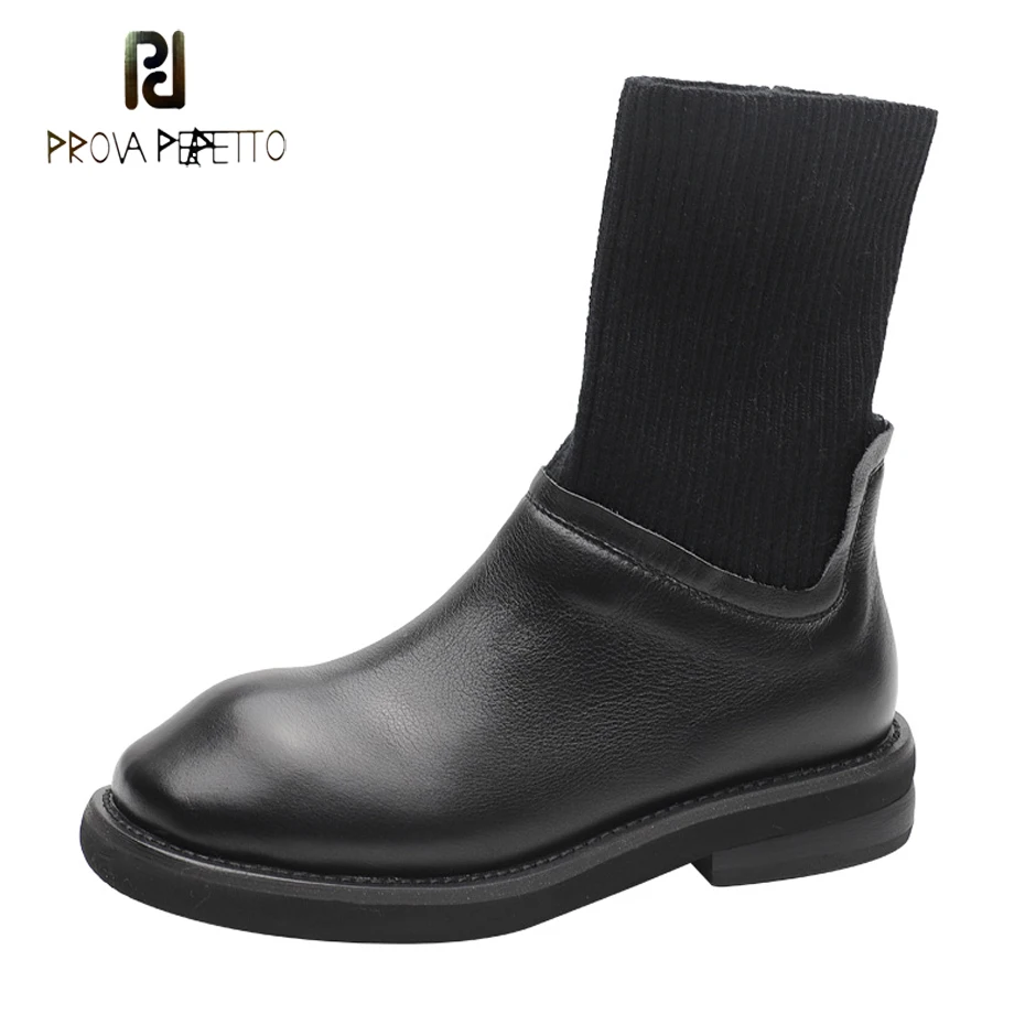 

Prova Perfetto new design round toe genuine leather martin boots female knitting patchwork thick bottom stretch short boots wome
