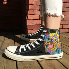 Вэнь черный ручная роспись парусиновая обувь Красочные собака уникальные подарки на день рождения Для мужчин Для женщин высокие кроссовки
