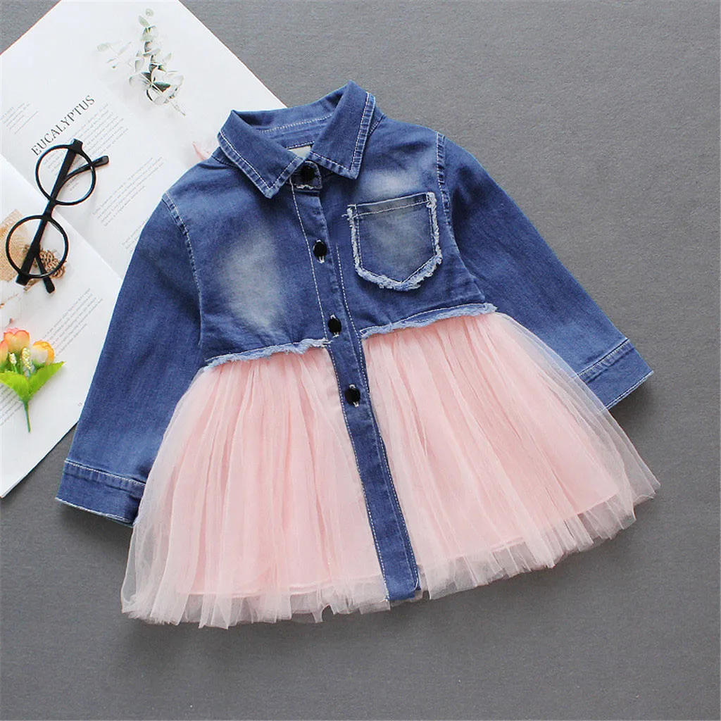 

Children'S Long-Sleeved Stitching Denim Skirt Layered Mesh Tutu Princess Dress Komplety Dla Dziewczynki Roupas De Menina Ropa