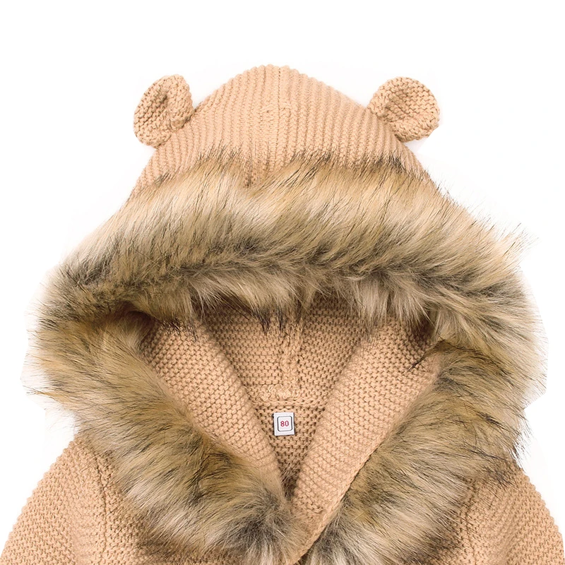 6 мес.-24 мес., детский зимний меховой съемный кардиган с капюшоном для девочек и мальчиков, двойное вязаное пальто Теплый Однотонный свитер с капюшоном для новорожденных DC339