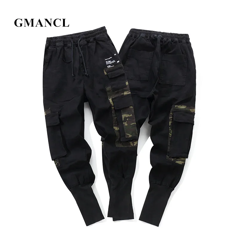 

GMANCL New Men Camouflage Patchwork Multi-pocket Slim Casual Pants High street hip hop Cotton Drawstring Male Jogger Trousers