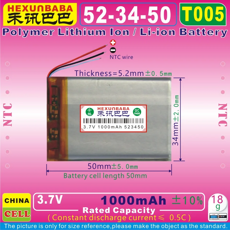 

[T005] 3.7V 1000mAh [523450] NTC;THREE 3 WIRE;Polymer lithium ion / Li-ion battery for DVR;MP3;cell phone,POWER BANK;GPS;MP4