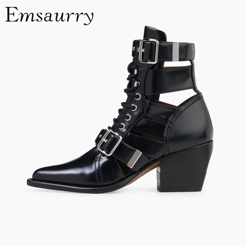 

Catwalk Ankle Boots Women Square Heel Point Toe Cut Out Cross Tied Studded Buckle Leather Motorcycle Boots