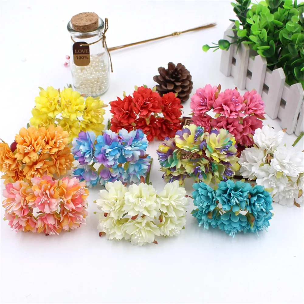 

High quality 6 pcs / batch 12 color silk flowers artificial cherry small branch poppy DIY scrapbook wedding dress mini flower
