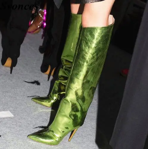 

Runway Bling Green Mirror Leather Women Boots Lady Dress Boots Thin High Heel Knee High Boots Work Pointed Toe Large Size 35-44