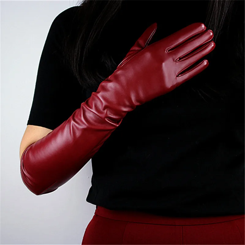 Women PU Gloves Emulation Real Leather 50cm Long Fashion Wine Red Nylon