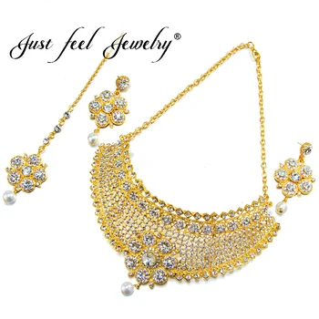 

JUST FEEL Rhinestone White Gold Color Jewelry Sets Plant India Choker Necklace Earrings Headdress Crystal Arab/Africa Jewelry