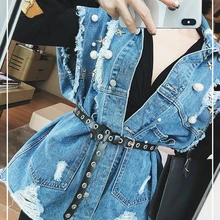 Новая джинсовая куртка с бриллиантами и пайетками, джинсовая куртка с шипами и потертостями, однобортные женские куртки с коротким рукавом и отворотами