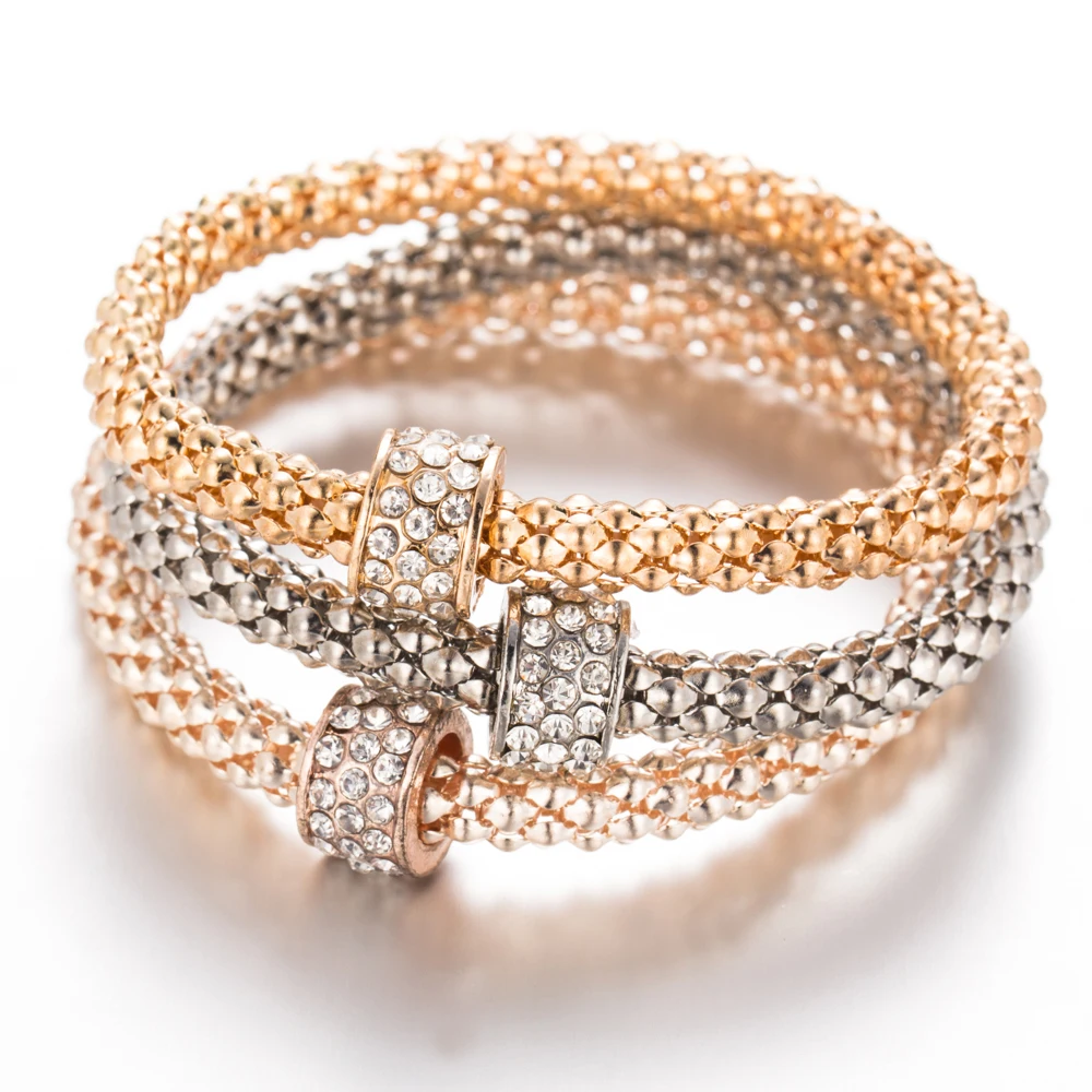 

FAMSHIN 3Pcs Unisex Personality Elastic Crystal Round Chain Metal Gold Silver Rose Gold Bracelet Set For Women Jewelry Gifts