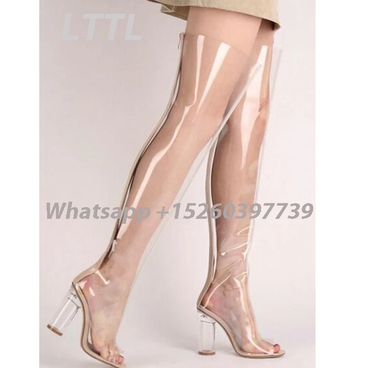 Newest Clear PVC Over The Knee Boots Women Pointed Toe Transparent Long Boots Sexy Kim Kardashian High Heel Shoe Woman Rain boot