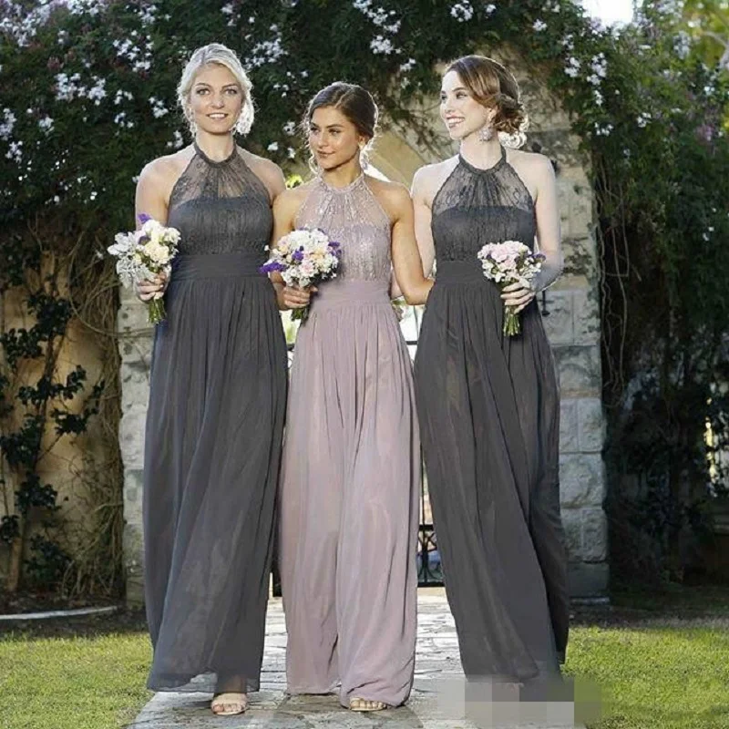 African Halter Gray Purple Chiffon Long Beach Summer Bridesmaid Dresses-in Bridesmaid Dresses