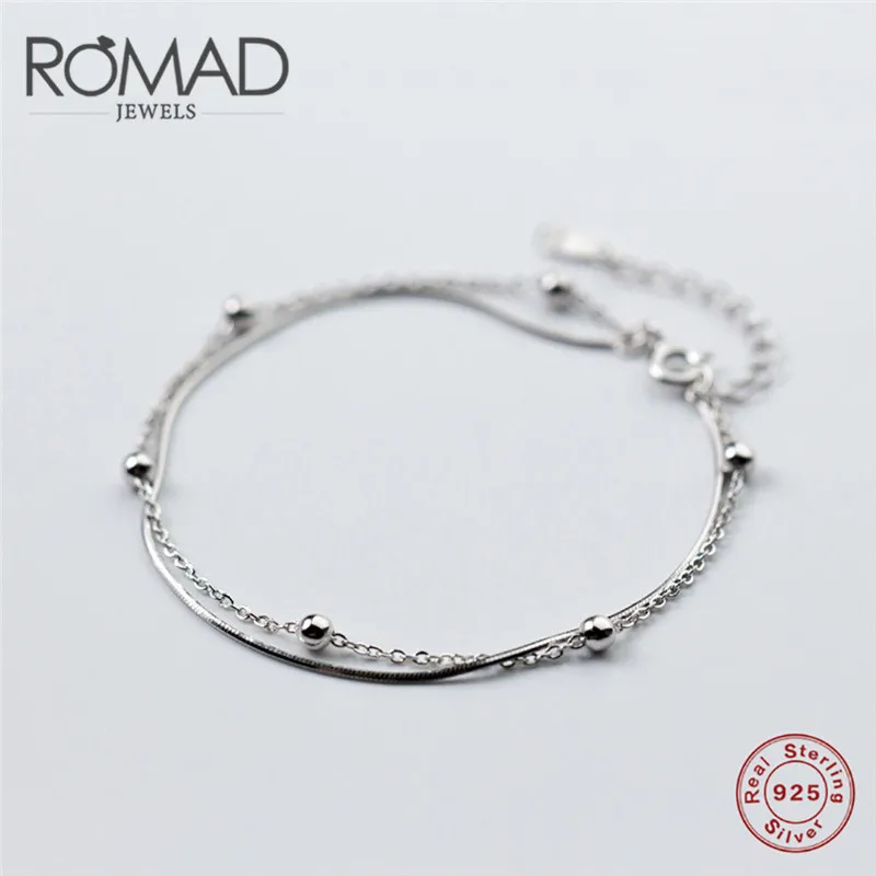 ROMAD настоящий 925 пробы Серебряный браслет-цепочка с бусинами минималистичные ювелирные изделия для женщин двухслойные браслеты вечерние аксессуары R4