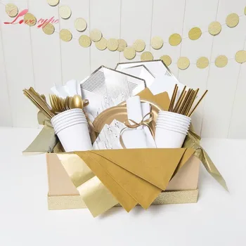 

1Set Marble Disposable Tableware Set White Gold Paper Plate/Cup/Napkin For Wedding / Birthhday Party Supplies Table Decoration