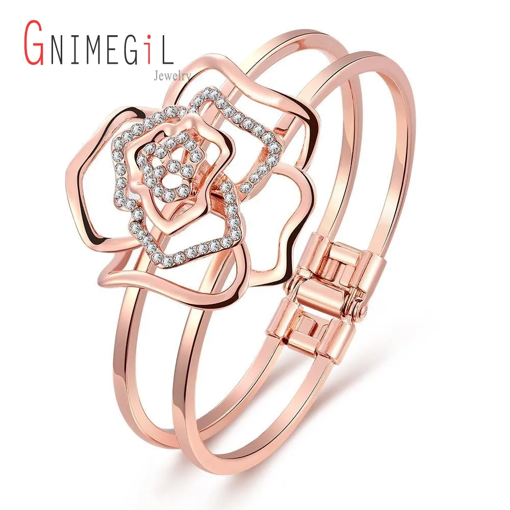 GNIMEGIL New Fashion Big Rose Flower Cuff Bangle for Women Rose Gold