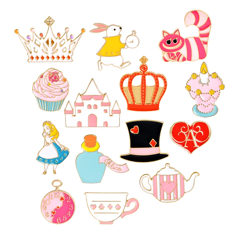 

Cartoon Fairy Alice Hat Cake Castle Heart Crown Candle Syrup Rabbit Clock Cat Brooch Button Pins Jacket Pin Badge Jewelry Gift
