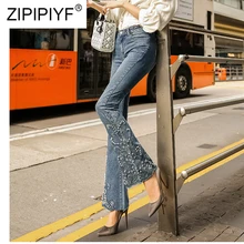 Женские джинсы клёш Высокая талия в дырочку зауженные искусственно состаренные джинсы женские брюки стрейч Джинсы с вышивкой неровной подошве джинсы K416