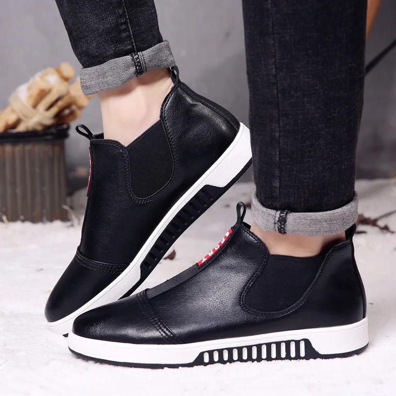 

Men Snow Boots Solid Color Warming Fabric Slip-on Ankle Boots for Male Winter Genuine Leather Shoes Size 39-44 Chaussure Homme