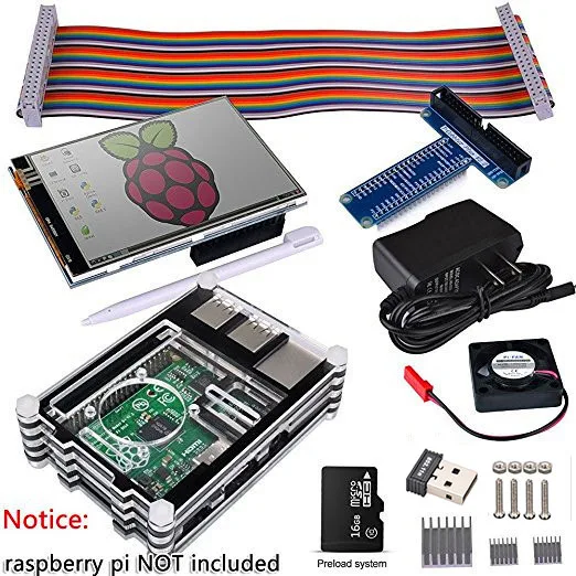 Raspberry Pi 3 2 Полный стартовый комплект с USB адаптером+ 3,5 дюймовый сенсорный экран+ 16 ГБ+ чехол+ блок питания+ плата GPIO+ вентилятор+ радиатор