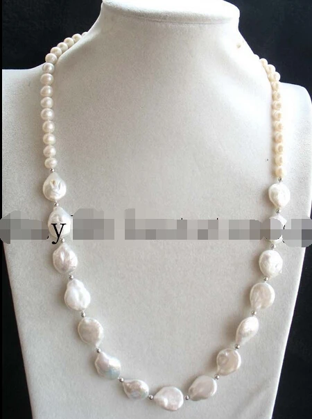 

freshwater pearl white 7-mm round and 12-14mm coin necklace 24inch cultured