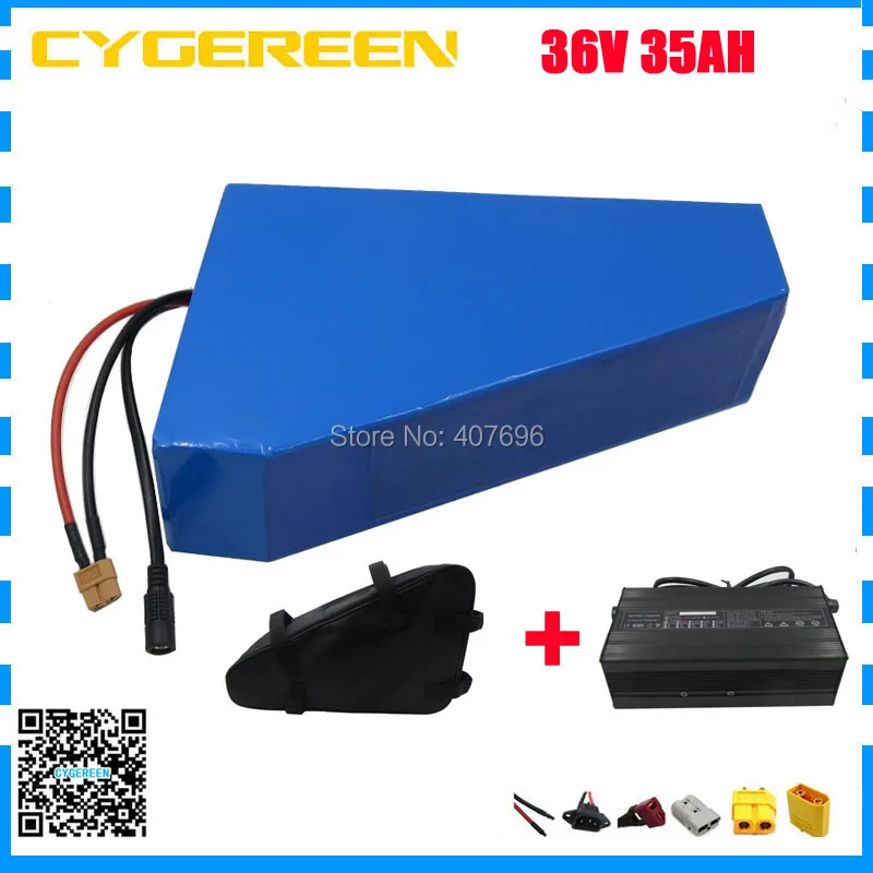 Top 1500W 36V triangle battery 36V 35AH electric bike battery with free bag use Samsung 3500mah cell 50A BMS 42V 5A charger 3