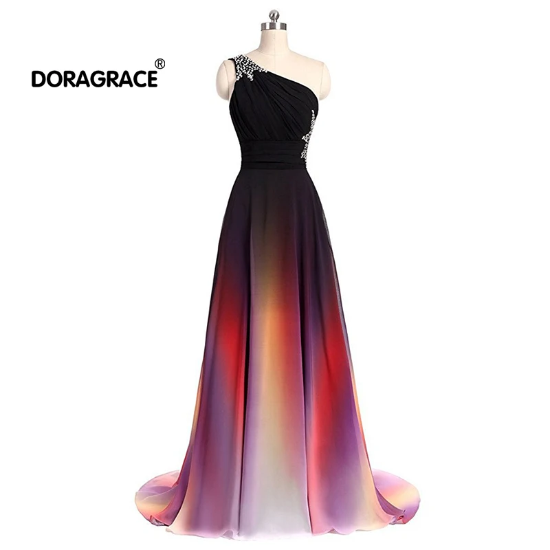 

Doragrace robe de soiree A-Line Lace-Up One-Shoulder Beaded Gradient Chiffon Long Evening Dresses