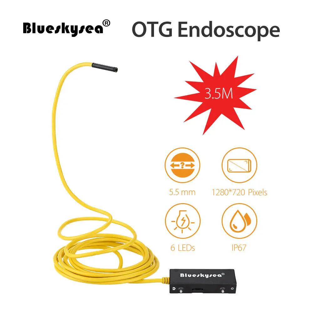 

Blueskysea 5.5mm OTG Endoscope 3.5M Snake Tube Borescope Inspection Video Camera IP67 Waterproof Micro USB For Android IOS