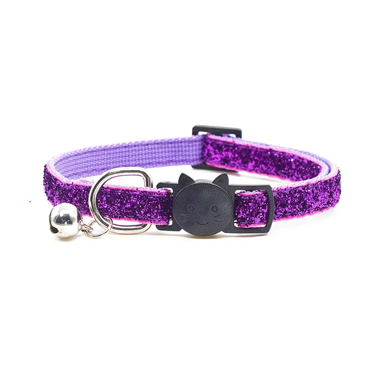 Ошейник для кошек с колокольчиком и котятами, одноцветные ошейники с блестками, милые Мультяшные регулируемые ошейники для кошек, аксессуары для домашних животных - Цвет: Dark Purple