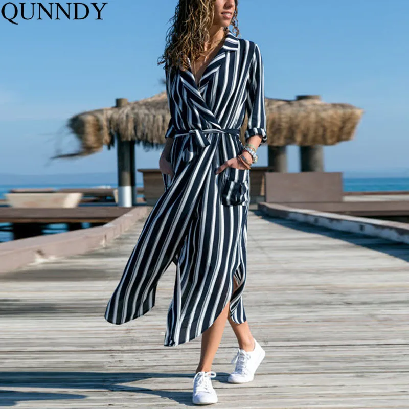 

Qunndy 2018 Autumn Shirt Dress Floral Print Boho Beach Tunic Maxi Dress Long Women Evening Party Dresses Sundress Vestidos