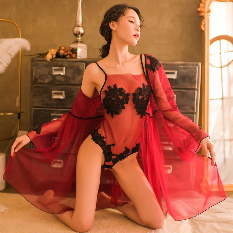 

Women Water Soluble Lace Embroidery Bathrobe Perspective Dress Sleepwear Sexy Bride Robe New Sexy Lingerie Pajamas for