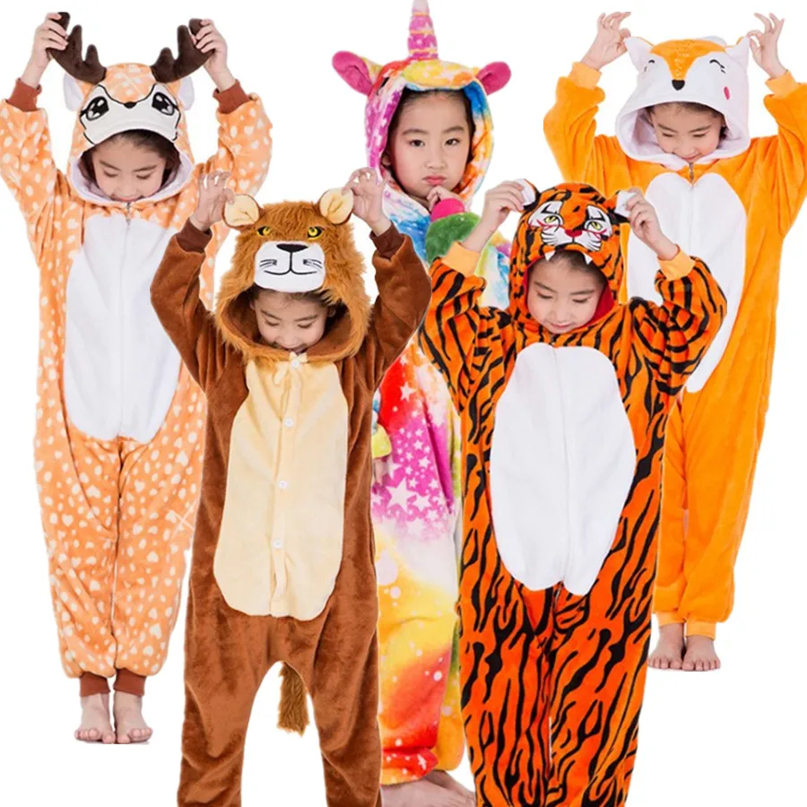 

Children's Sika Deer Unicorn Tiger Lion Fox Flannel Kigurumi Cosplay Costume Onesies Pajama Halloween Carnival Masquerade Party