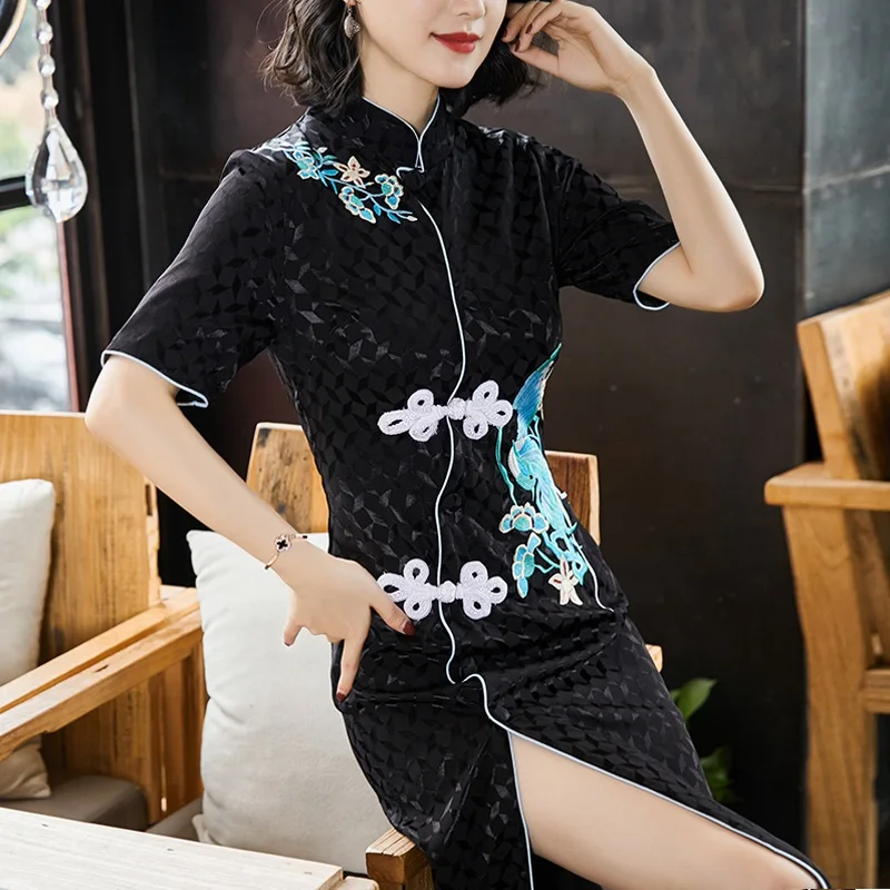 Летнее платье, сексуальное платье знаменитостей Enbroidery, короткое винтажное платье с принтом и пуговицами, женское платье с высоким воротом, облегающее платье в китайском стиле