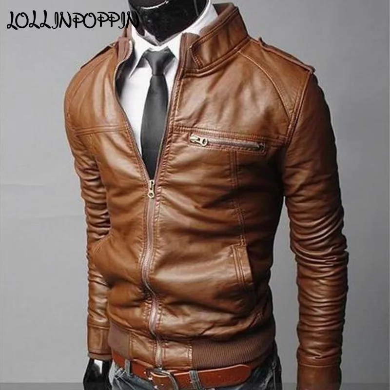 Men Stand Collar PU Leather Jacket With Epaulets New 2019 Zippered