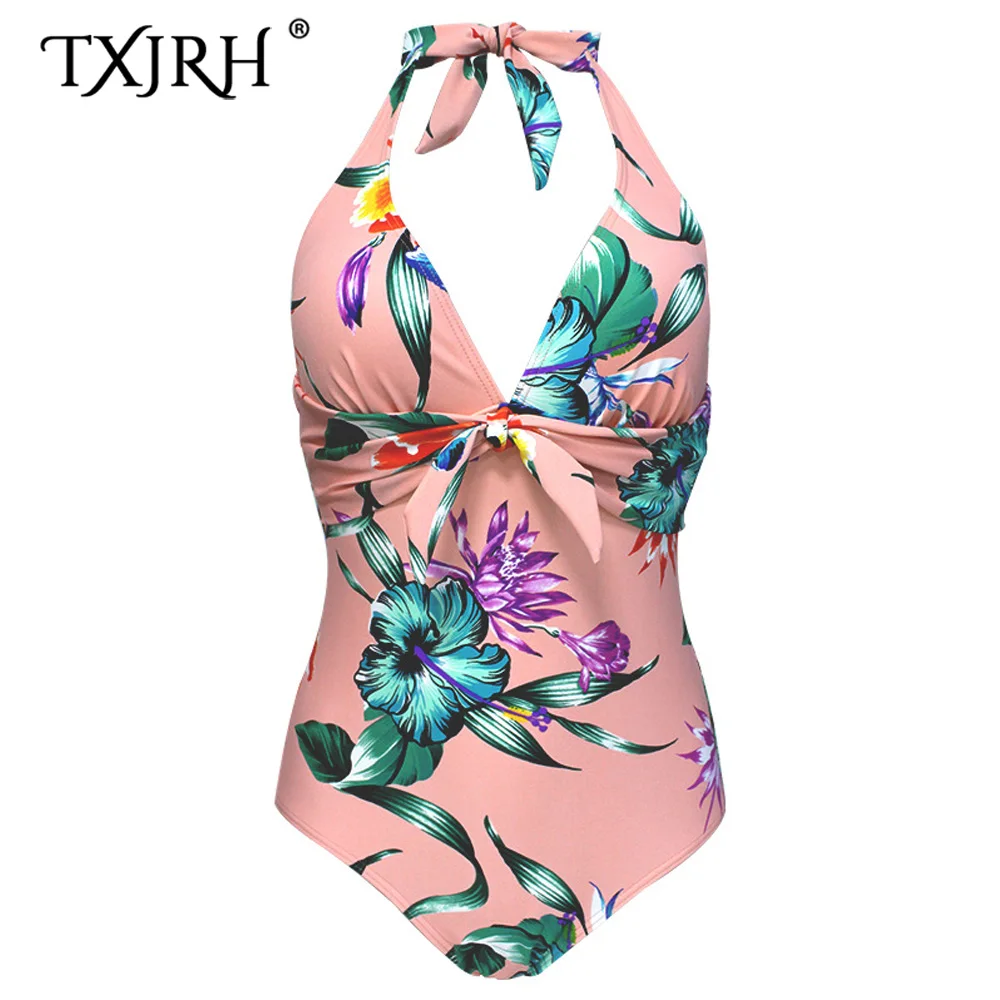 

2019 Sexy Swimsuit Bow Bandage Halter V Collar Tide Bow Flower Print One piece Swimwear Women Retro Backless Slim fit Pink Blue